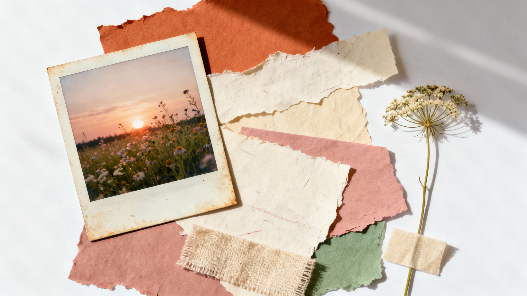 An aesthetic collage mockup on a white background, featuring a photo of a sunset, torn paper, a pressed flower, and a piece of fabric in a warm, soft color palette.