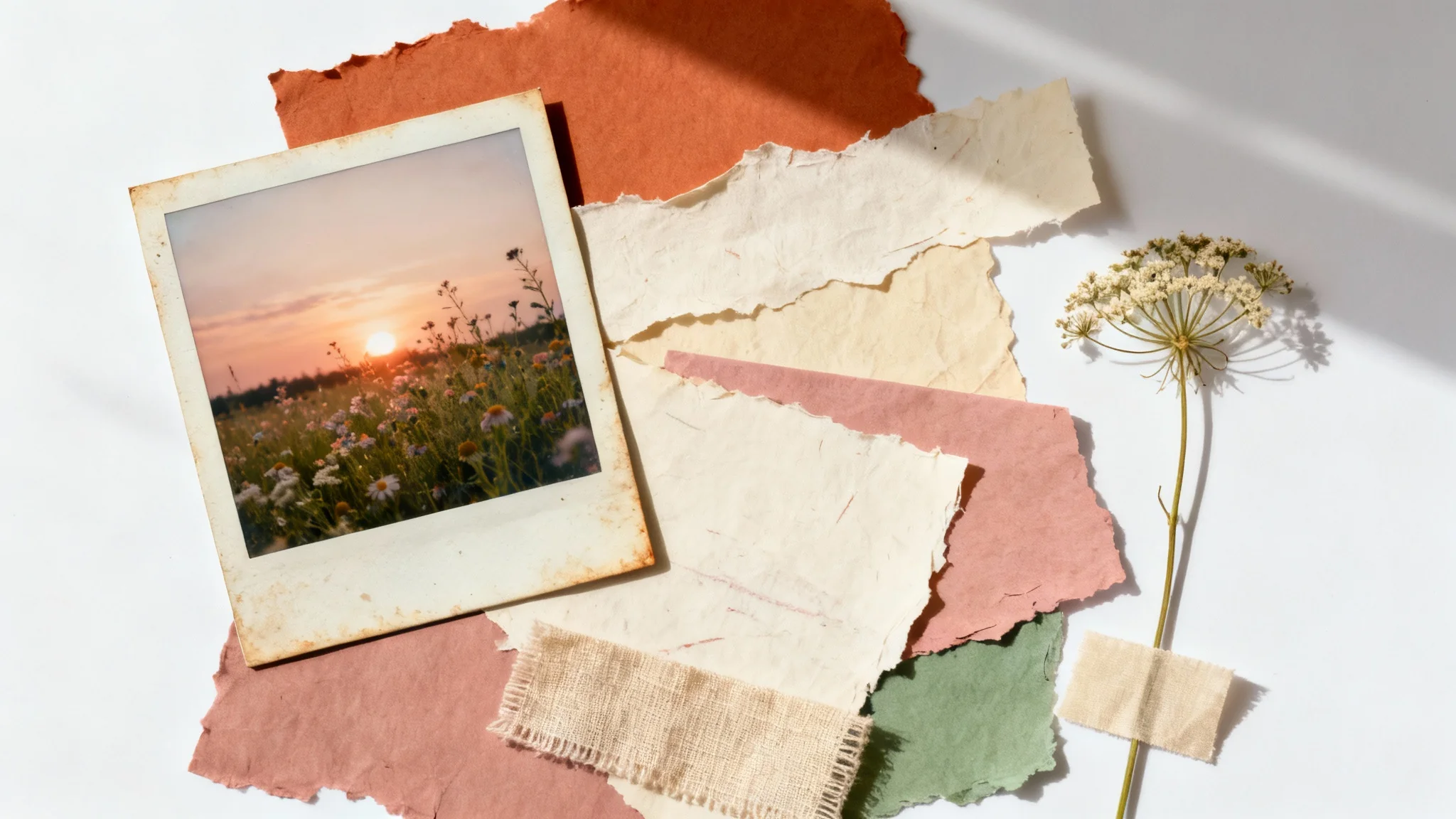 An aesthetic collage mockup on a white background, featuring a photo of a sunset, torn paper, a pressed flower, and a piece of fabric in a warm, soft color palette.