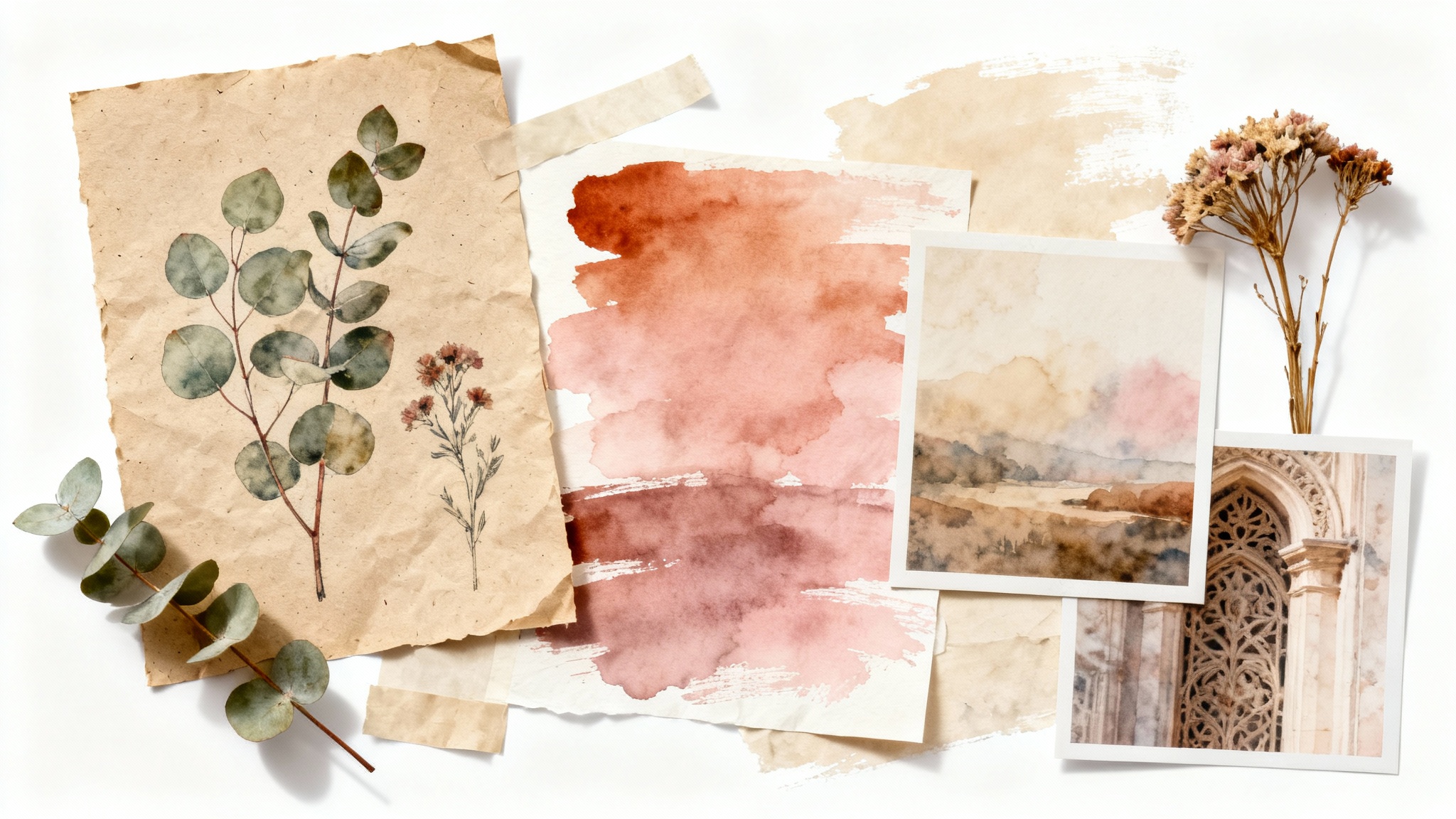 An aesthetic flat-lay collage on a white background, composed of torn paper, vintage botanical illustrations, watercolor swatches, and small photos in a warm, muted color palette.