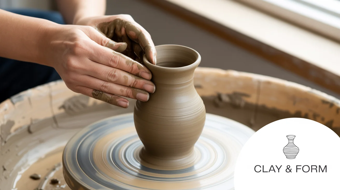 A close-up photograph of hands shaping clay on a potter's wheel, demonstrating the 'add logo to photo' feature with a 'Clay & Form' logo placed in the bottom right corner.
