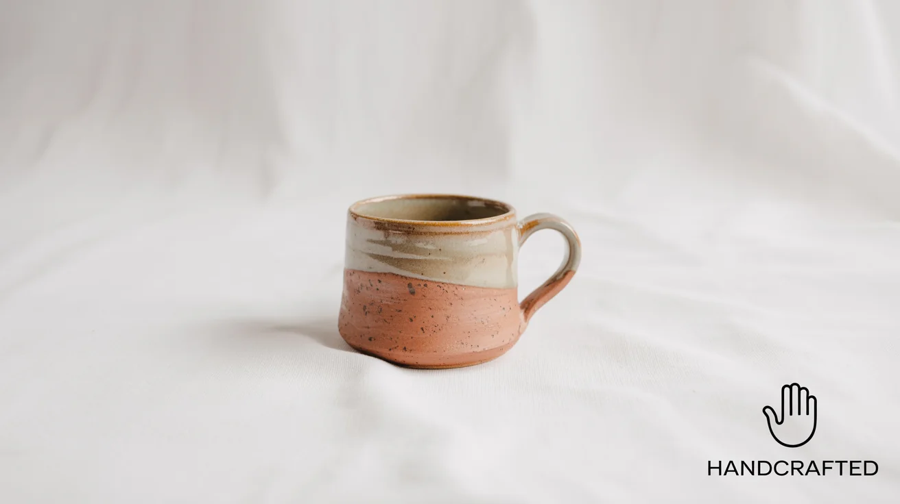 A professional photo of a handmade ceramic mug on a white background, with a subtle 'Handcrafted' logo watermark added in the bottom corner.