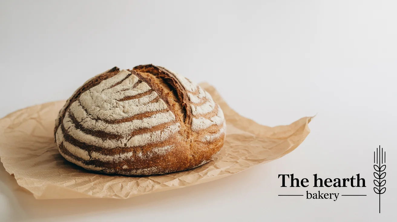 A mockup showing a professional photograph of an artisanal loaf of bread. A logo for 'The Hearth Bakery' is watermarked in the corner. The entire image is on a white background.