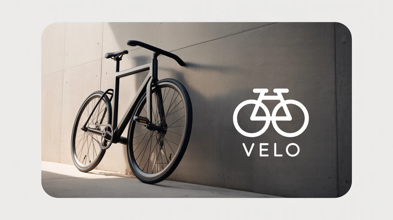 A professional mockup showing a photograph of a black bicycle, with a white logo for the brand "VELO" added to the bottom corner, on a clean white background.