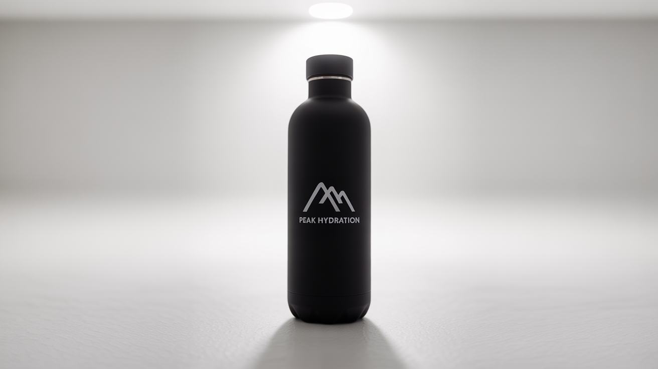A modern black water bottle with a white 'PEAK HYDRATION' logo on it, set against a clean white background to showcase the logo placement.