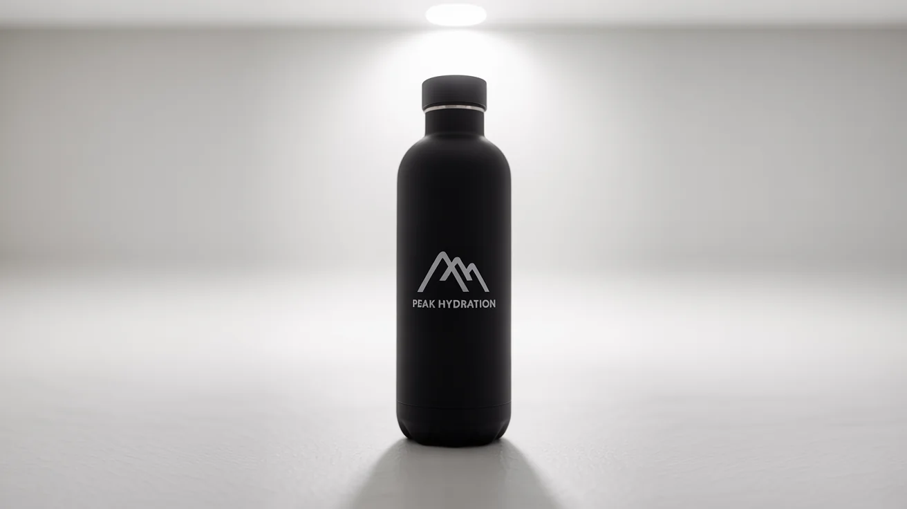 A modern black water bottle with a white 'PEAK HYDRATION' logo on it, set against a clean white background to showcase the logo placement.