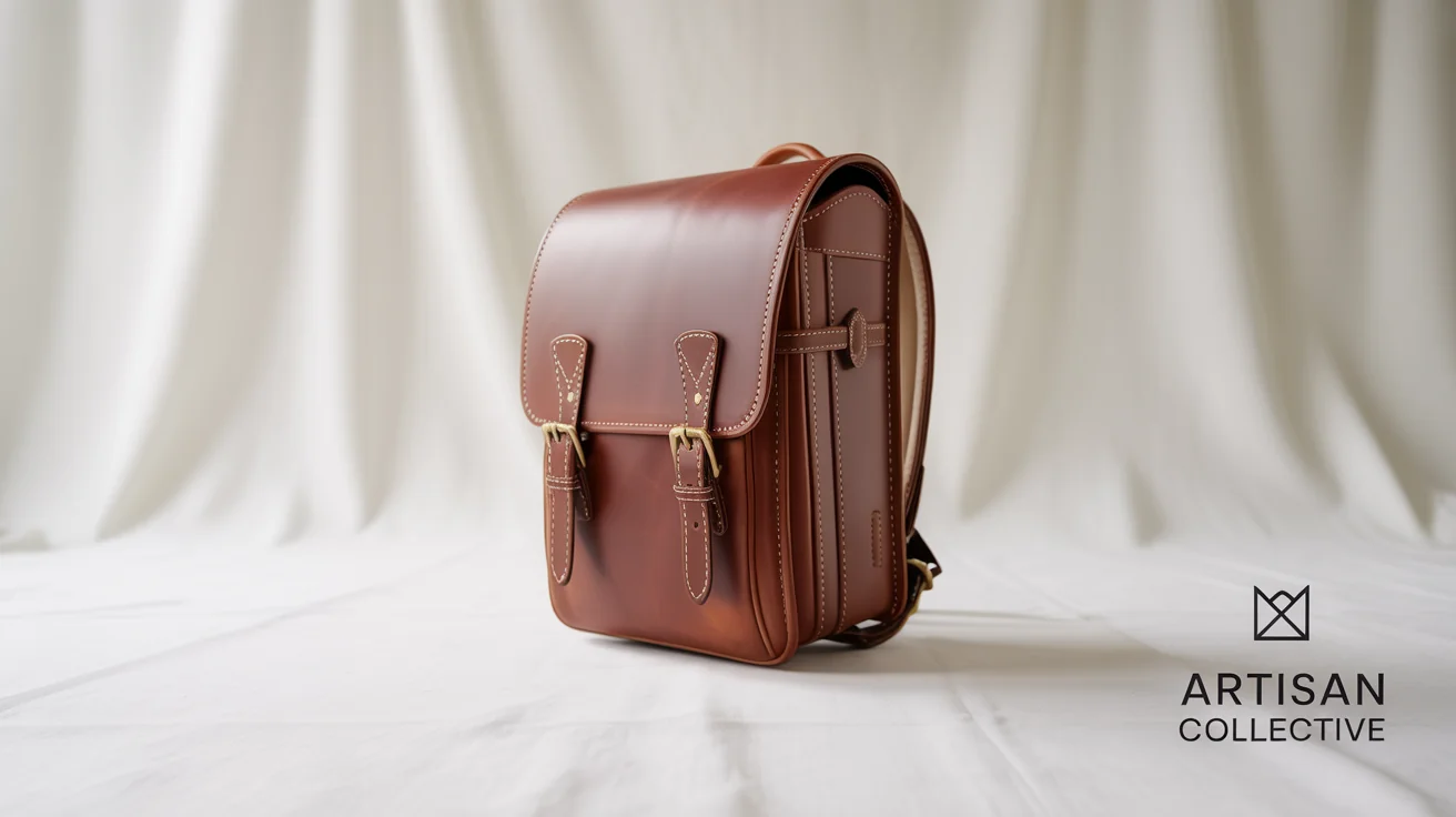 A professional product photograph of a brown leather backpack on a white background, with the fictional 'Artisan Collective' logo added to the bottom right corner.