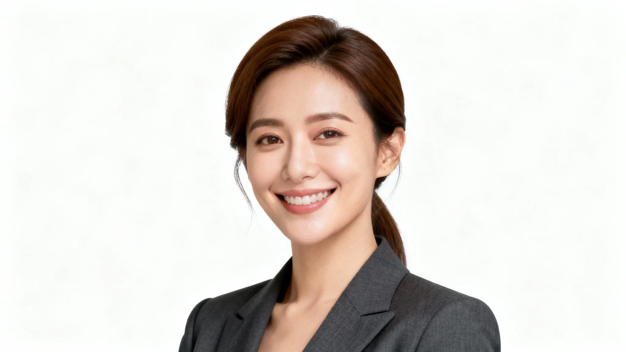 A professional headshot of a smiling woman perfectly cut out and placed on a grey and white checkerboard pattern, representing a transparent background.
