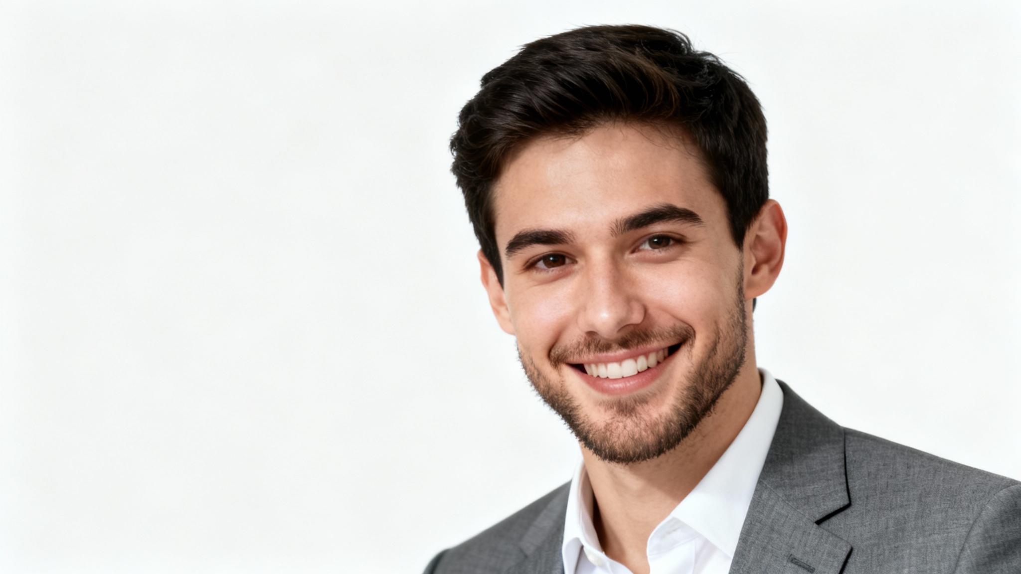 A professional, high-resolution headshot of a smiling man in a suit, perfectly isolated against a clean white background, demonstrating the concept of a headshot with a transparent background.