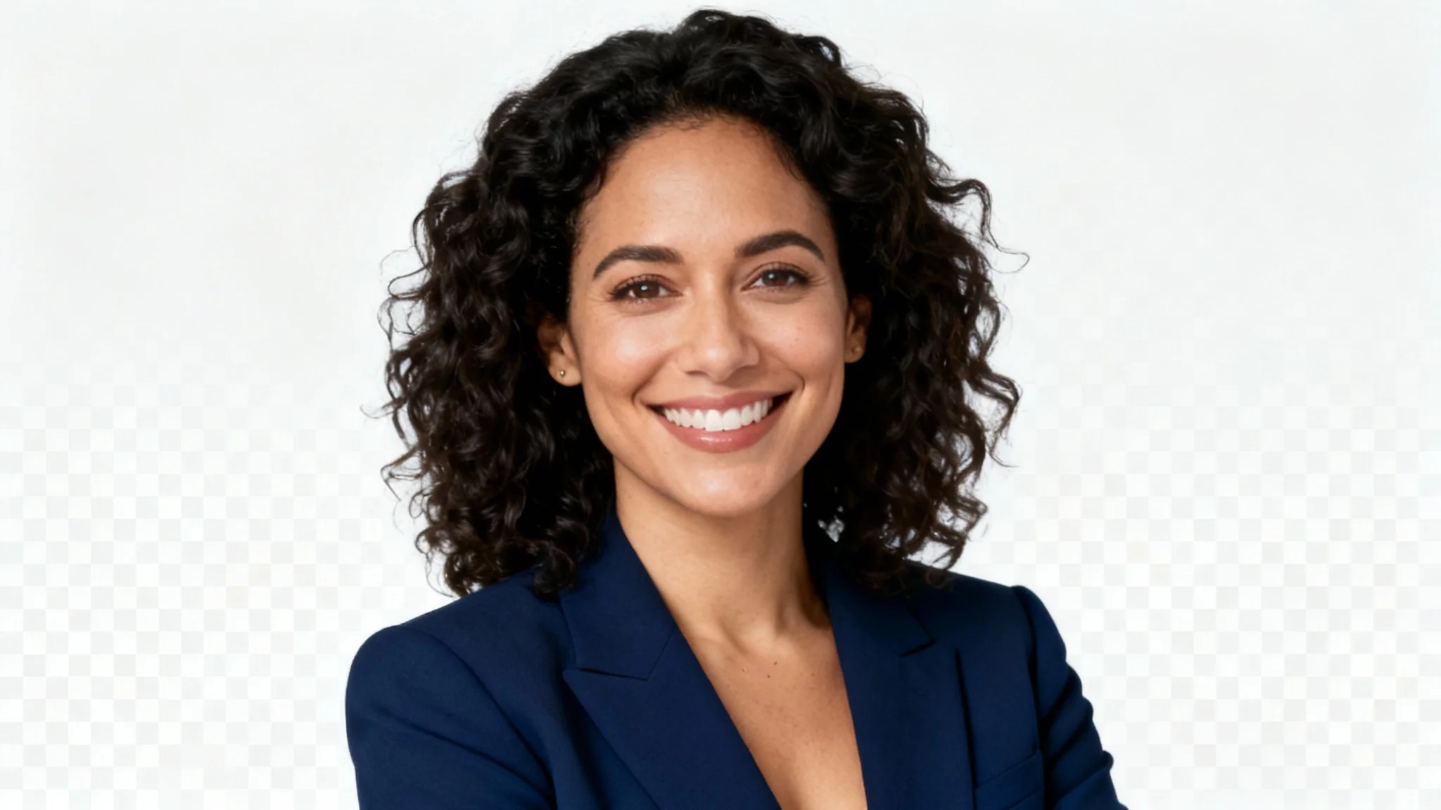 A professional studio headshot of a smiling woman in a blazer, set against a clean white background to represent the transparent background feature.