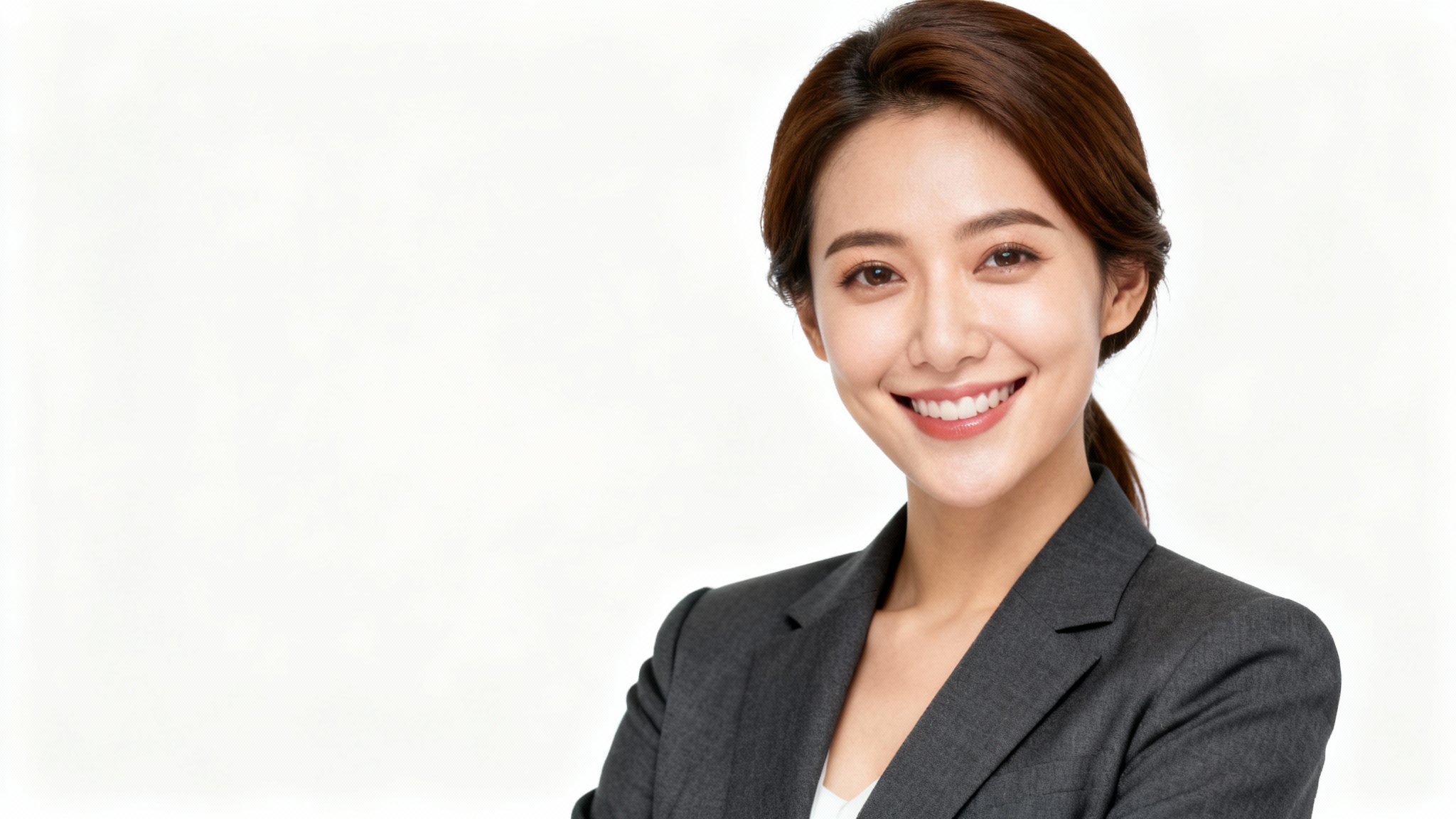 A professional studio headshot of a smiling businesswoman against a solid white background, illustrating the 'headshot transparent background' feature.