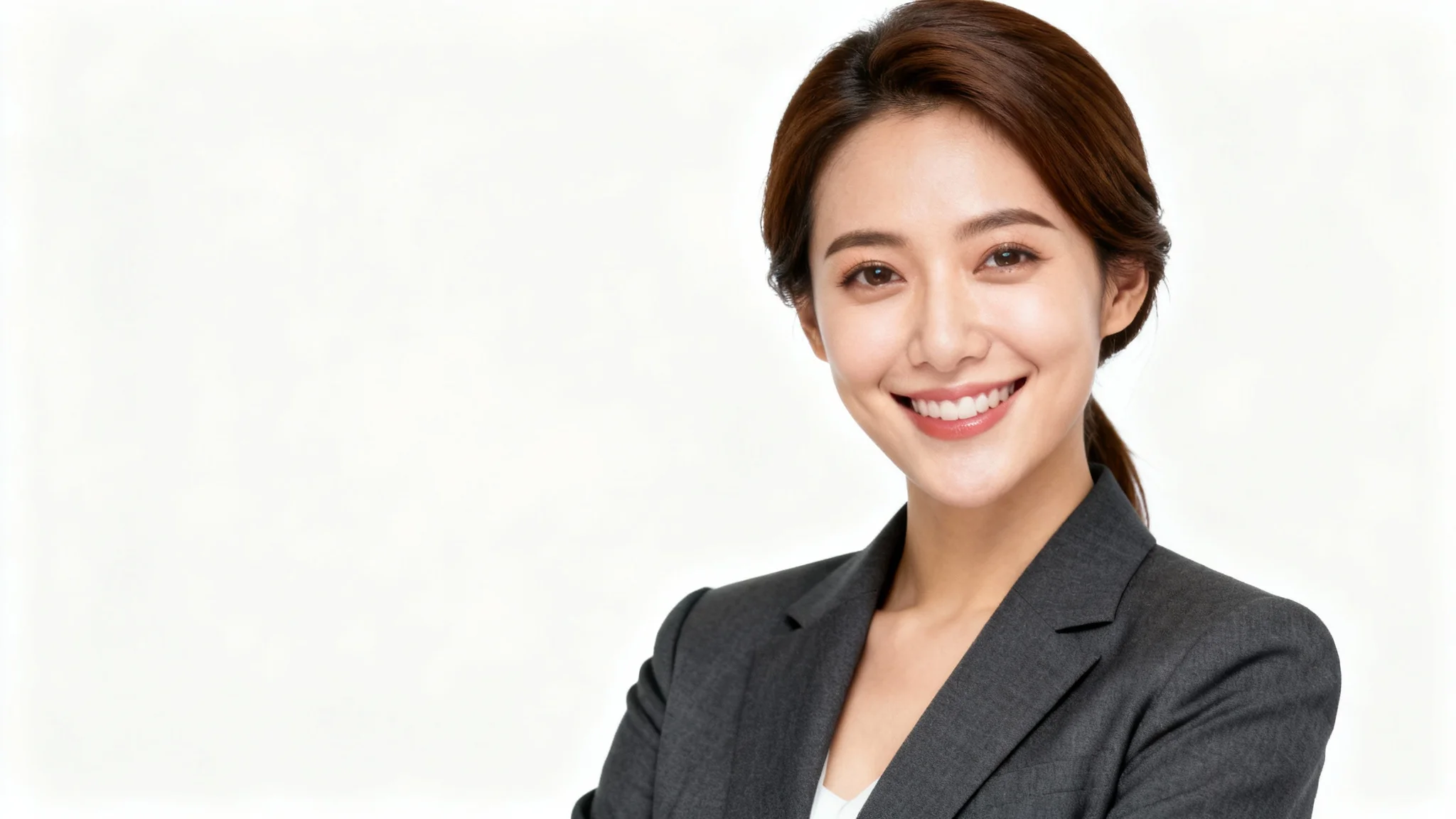 A professional studio headshot of a smiling businesswoman against a solid white background, illustrating the 'headshot transparent background' feature.