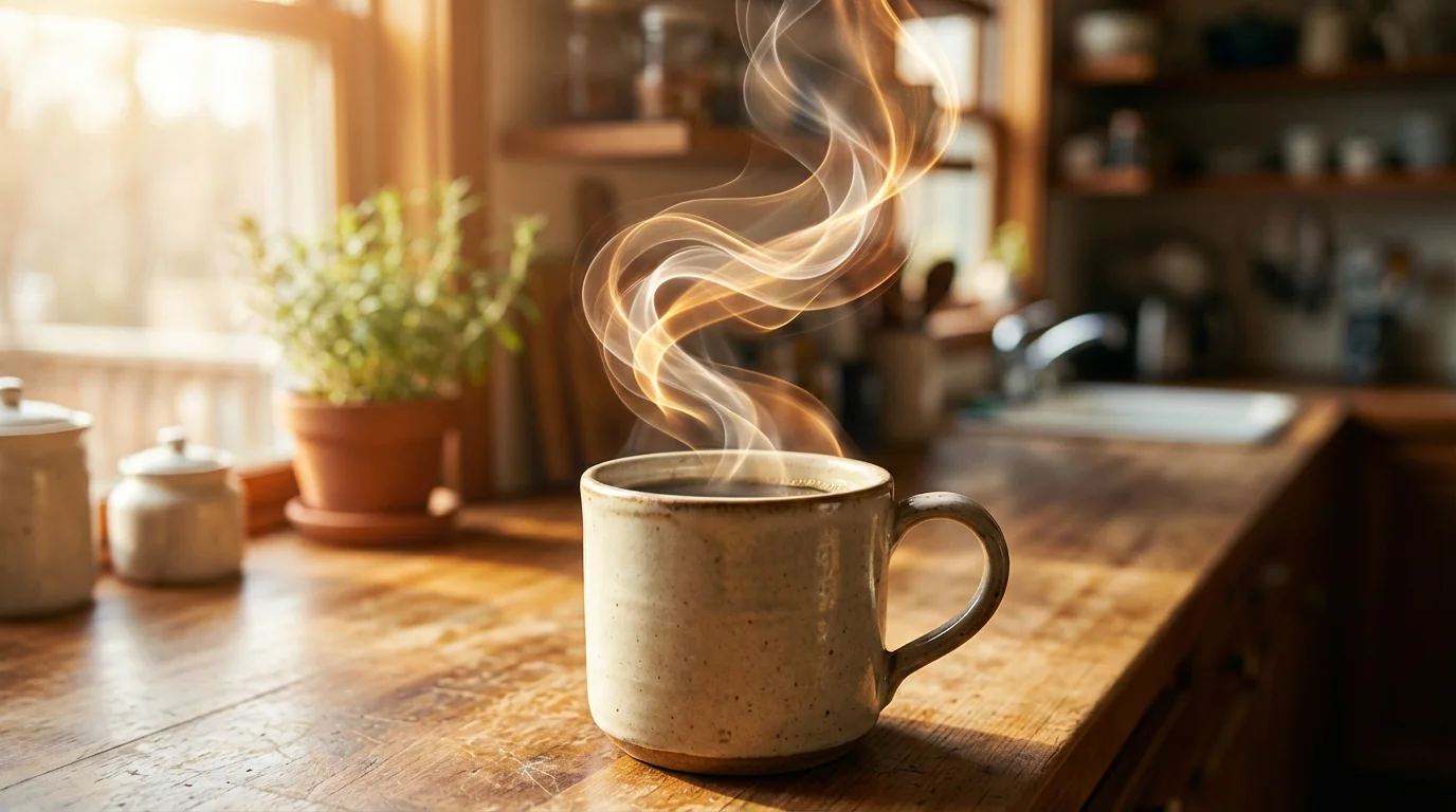A cinematic close-up of a coffee cup in a cozy kitchen, with beautifully animated, swirling lines of steam rising from it, demonstrating a steam animation effect.