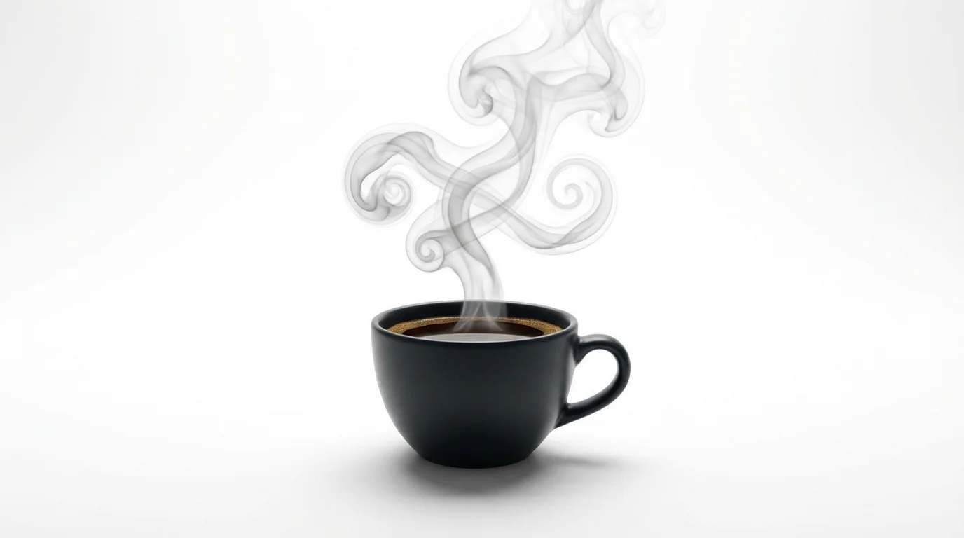 A dark ceramic coffee mug sits on a plain white background, with stylized, animated steam swirling gracefully upwards from the coffee.