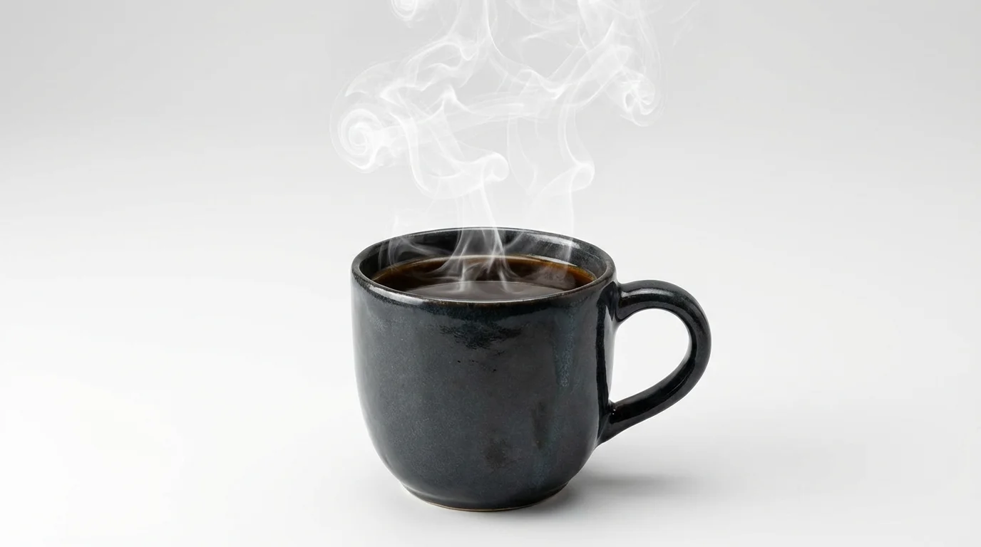 A dark ceramic mug of hot coffee on a white background, with elegant, swirling steam rising from it.