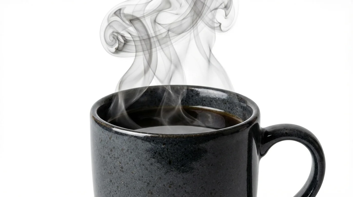 A photorealistic image of a dark coffee mug on a white background, with beautifully detailed, swirling steam rising from it to illustrate a steam animation effect.
