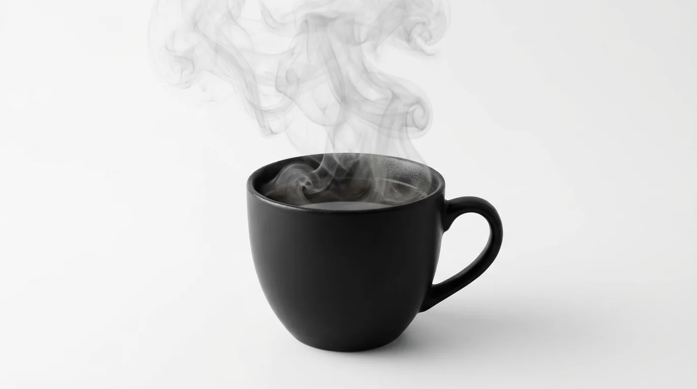 A photorealistic mockup of an animated coffee steam effect, showing a dark mug of coffee on a white background with an elegant, swirling pattern of steam rising from it.