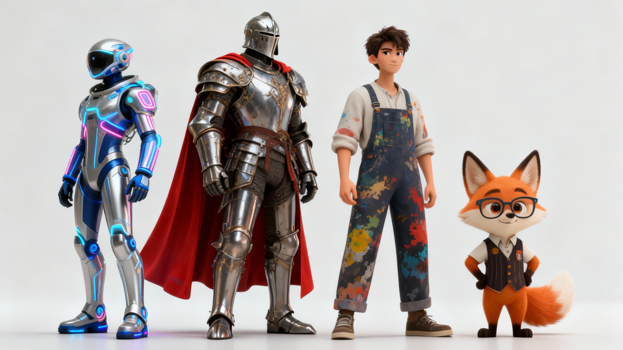 A group of four diverse, professionally designed 3D characters in a 16:9 hero image format. The characters include a sci-fi explorer, a fantasy knight, a modern artist, and a cartoon fox, all displayed against a clean background to showcase the output of a character style tool.