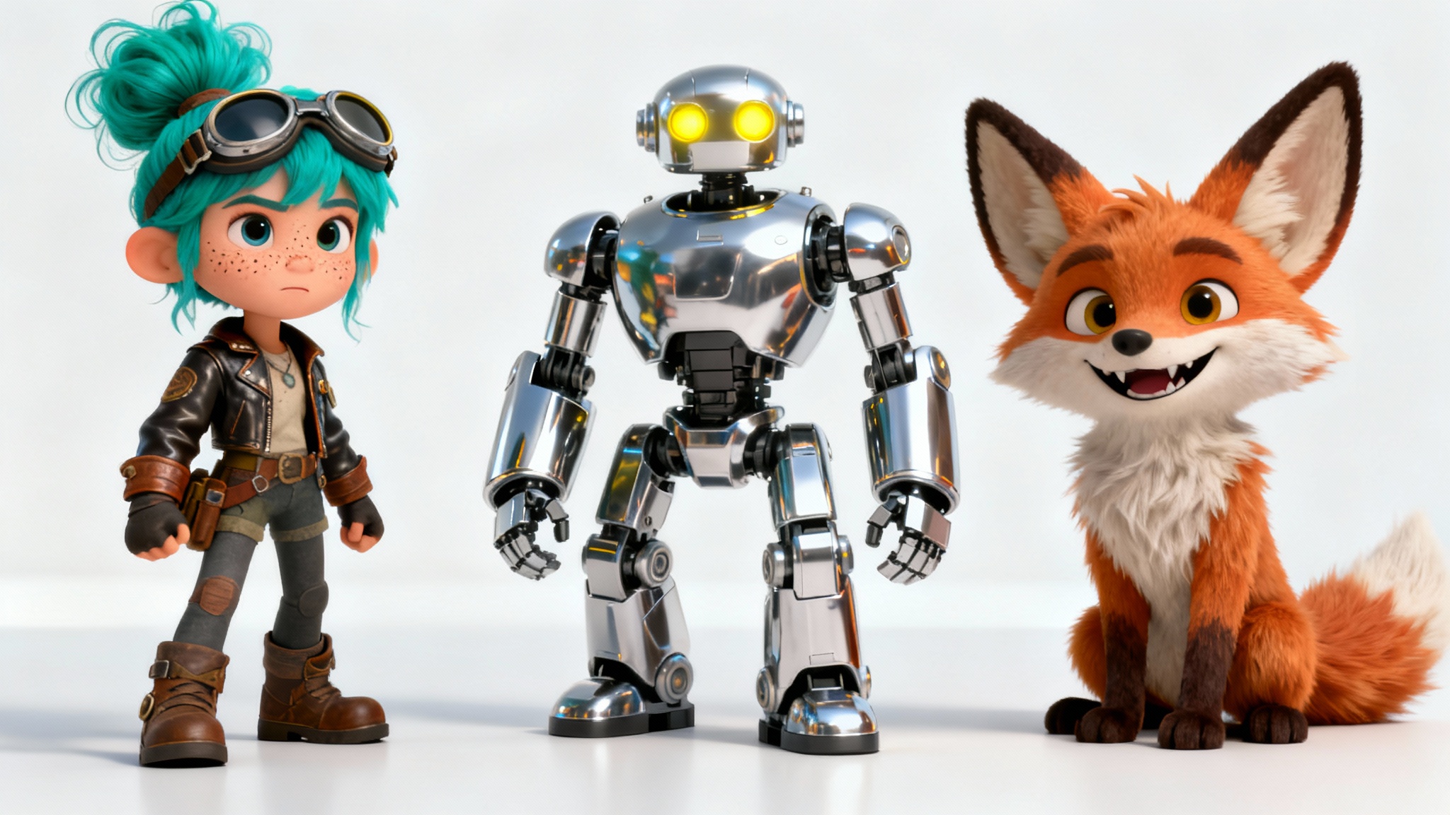 Three distinct characters in a modern 3D animation style stand in a line against a white background: a female adventurer with teal hair, a chrome robot, and a small fantasy creature.