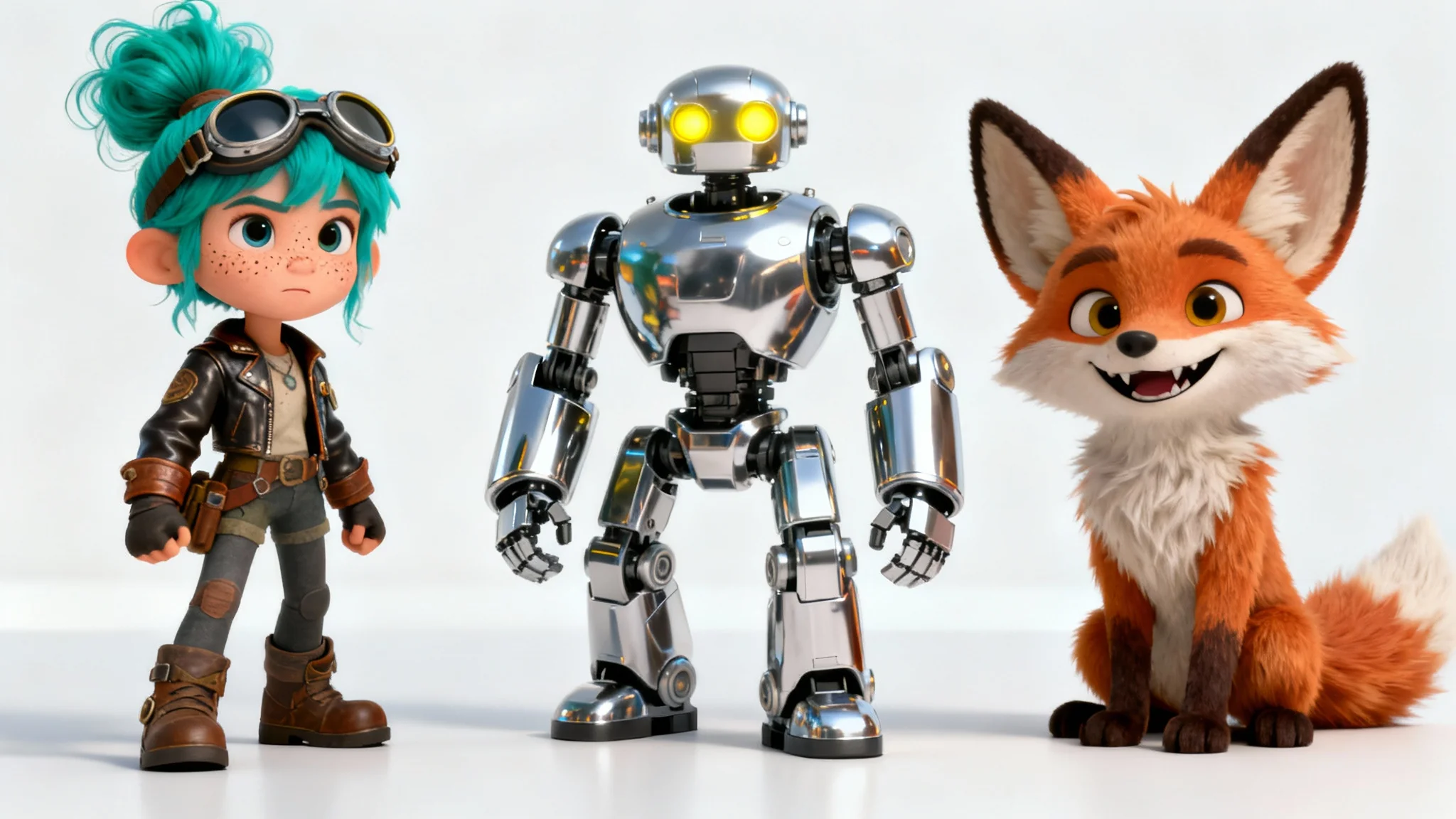 Three distinct characters in a modern 3D animation style stand in a line against a white background: a female adventurer with teal hair, a chrome robot, and a small fantasy creature.