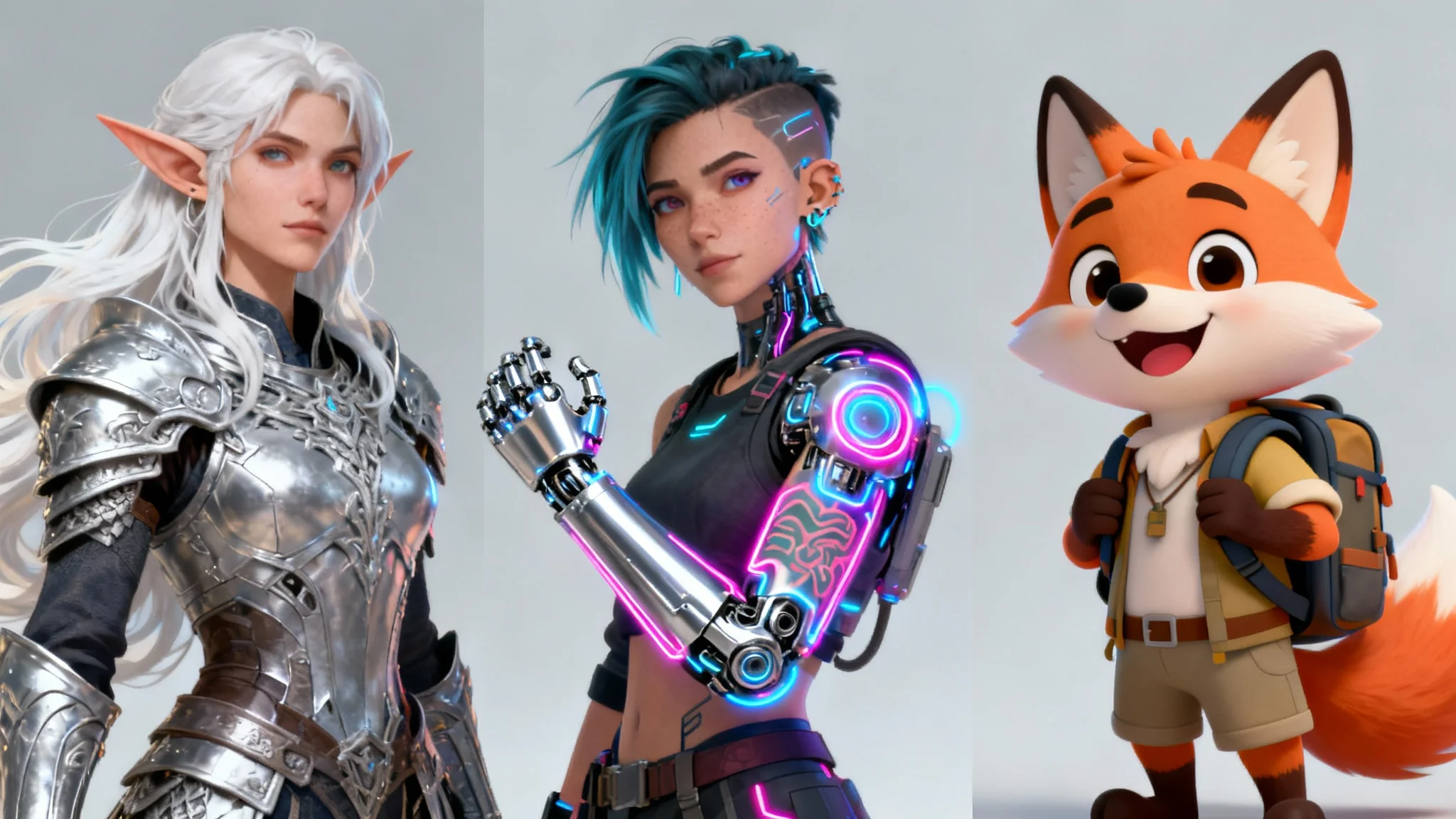 A digital artwork displaying three different character art styles: a fantasy elf warrior, a futuristic cyberpunk person, and a cartoon fox adventurer, shown side-by-side.