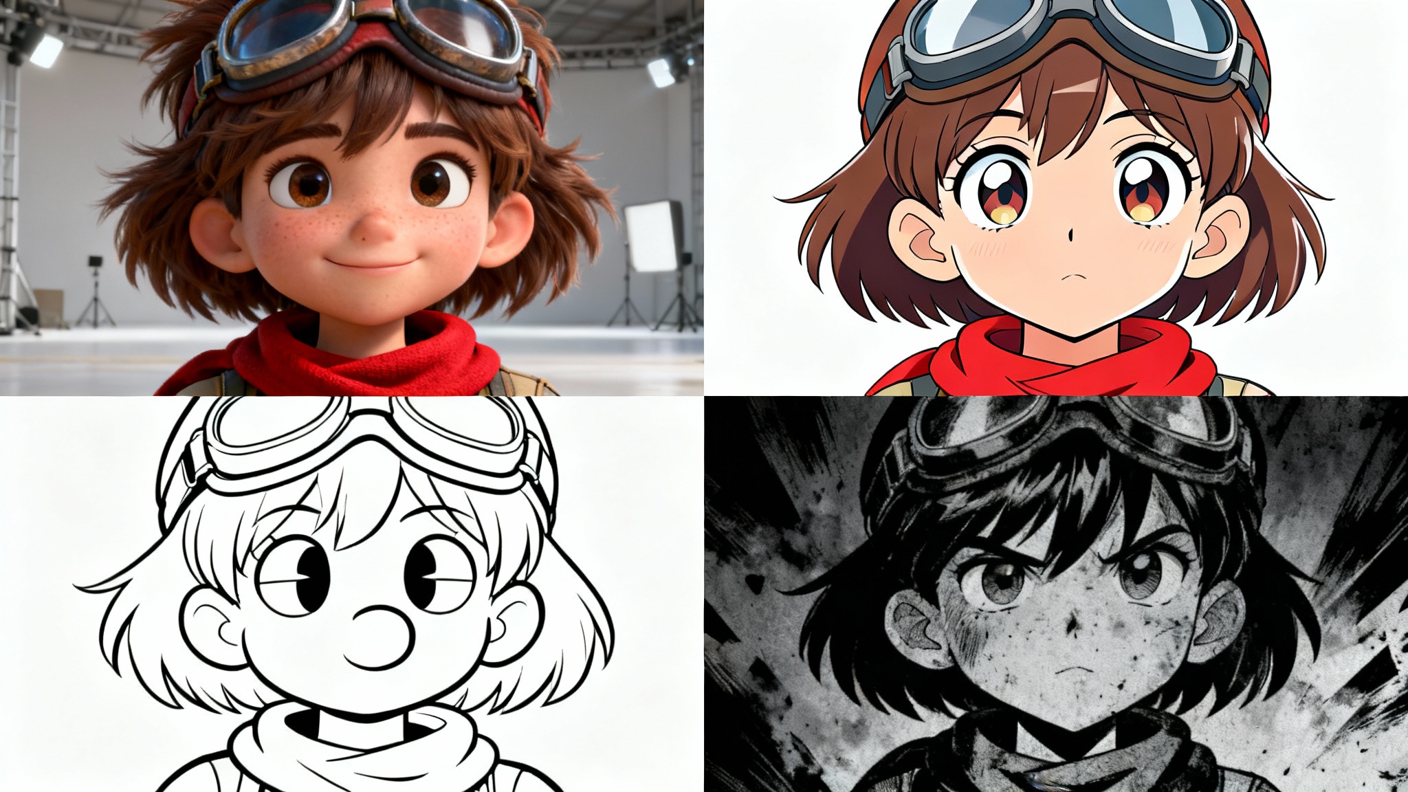 A four-panel grid showing the same female adventurer character rendered in four distinct art styles: 3D animation, Japanese anime, 1930s cartoon, and gritty comic book.