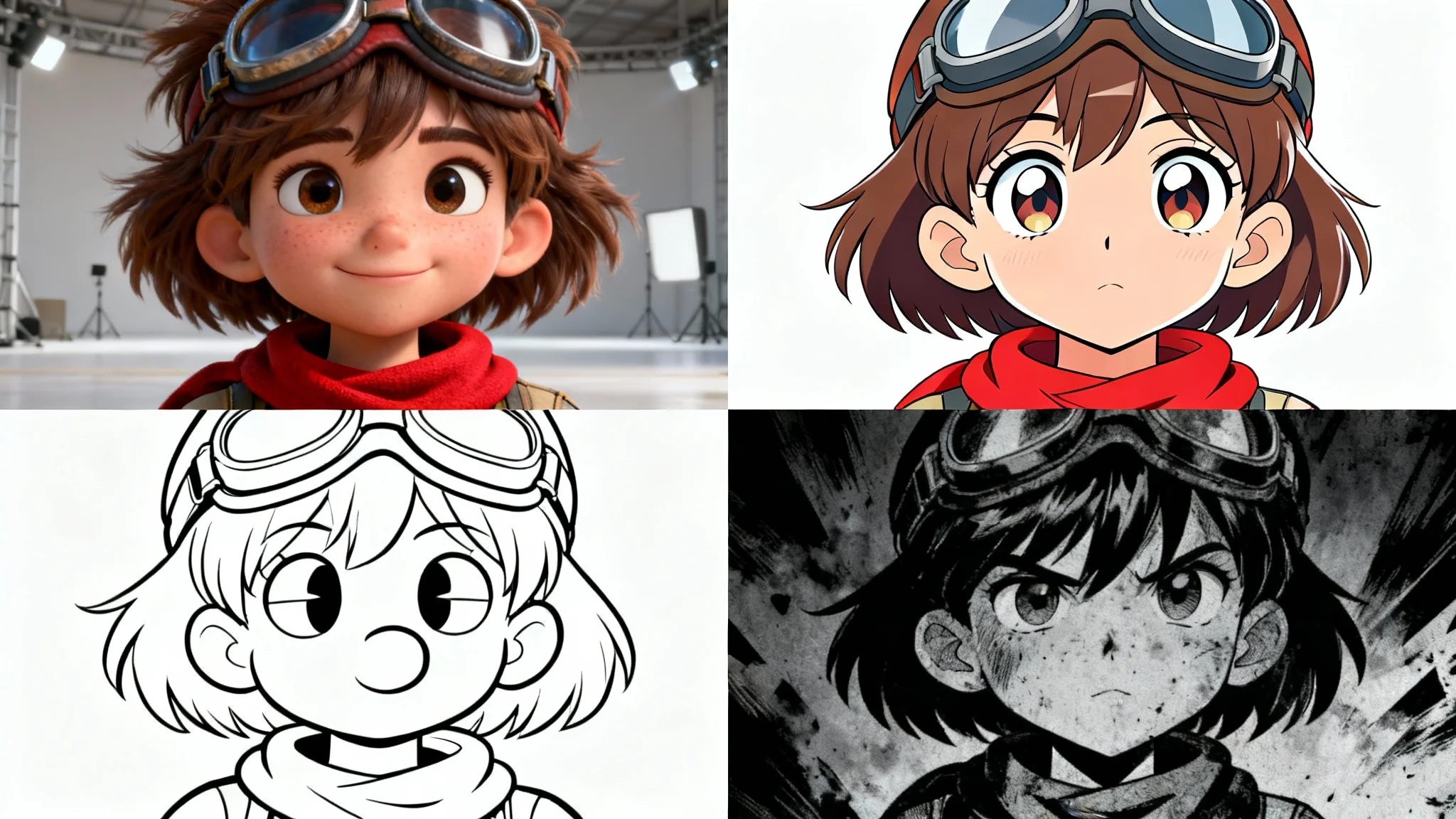 A four-panel grid showing the same female adventurer character rendered in four distinct art styles: 3D animation, Japanese anime, 1930s cartoon, and gritty comic book.