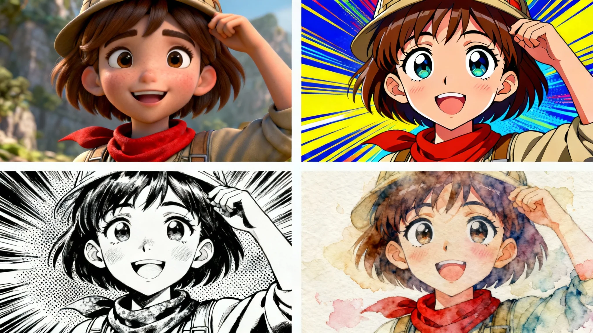 A grid of four images showing the same female character drawn in four different art styles: 3D animation, 90s anime, comic book, and watercolor illustration.