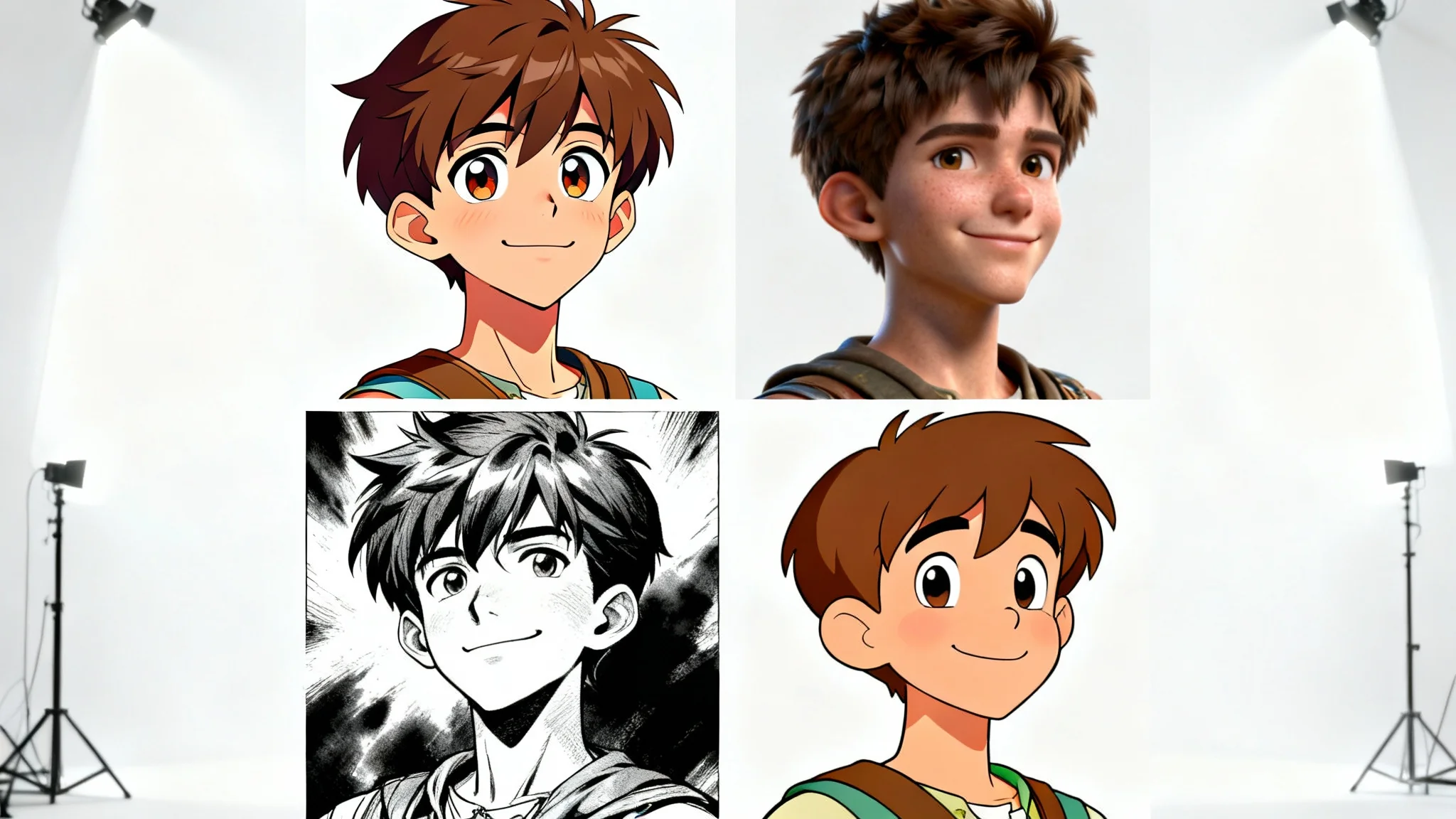 A concept art sheet displaying the same male character in four different visual styles: anime, realistic 3D, comic book, and classic cartoon, arranged in a grid on a white background to demonstrate character style options.