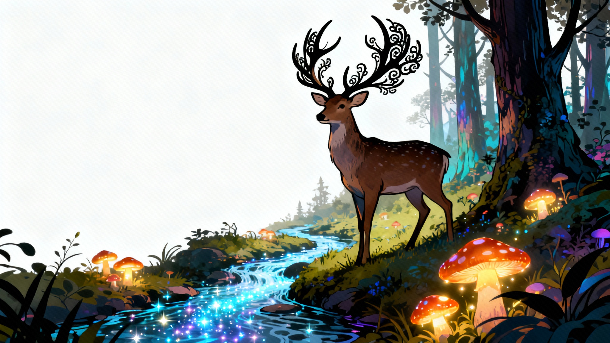 A beautifully colored-in page from a coloring book, displayed against a white background. The illustration shows an enchanted forest scene with a central deer, glowing mushrooms, and other woodland creatures, all colored in vibrant, blended shades.