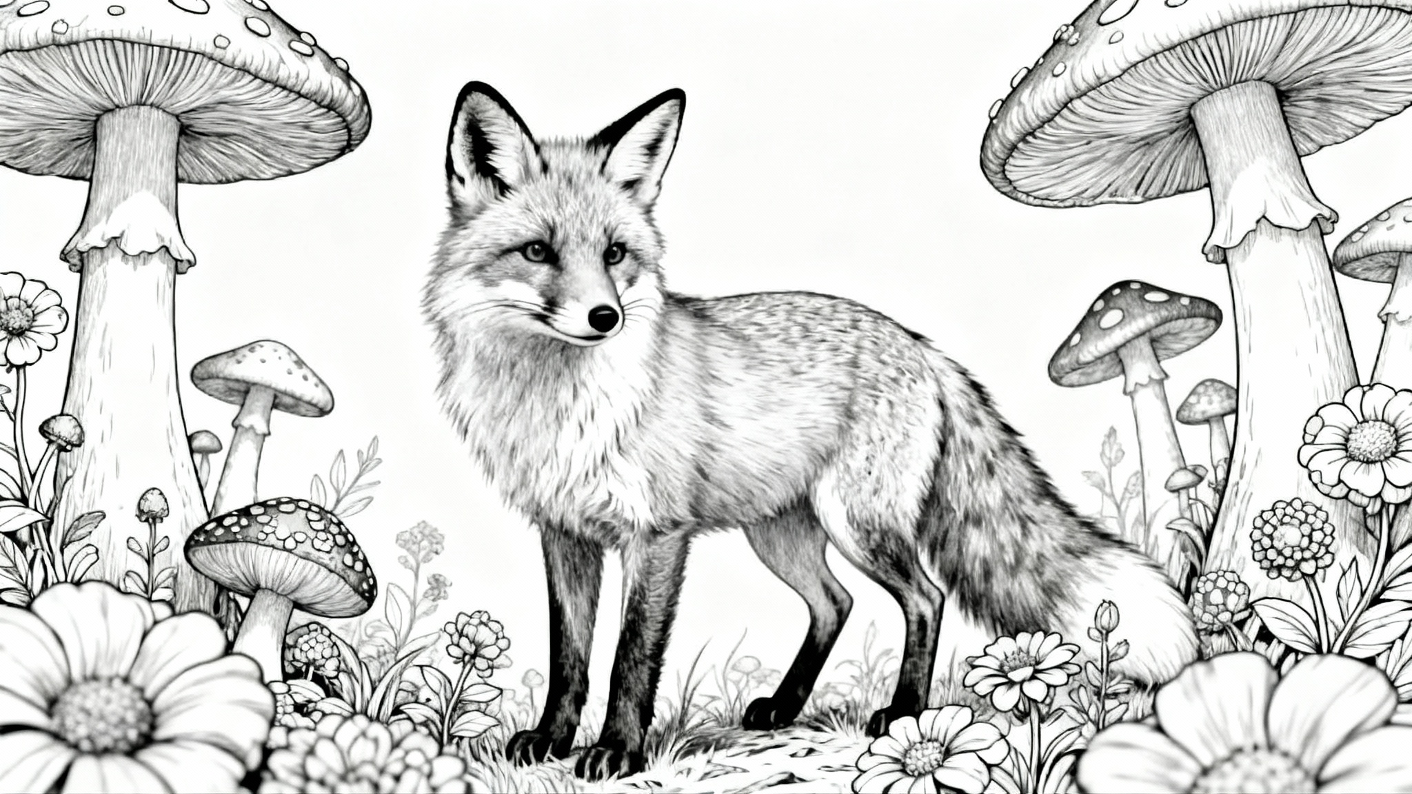 A black and white line art coloring page of a cute fox in a magical forest, with large mushrooms and detailed flowers, on a clean white background.