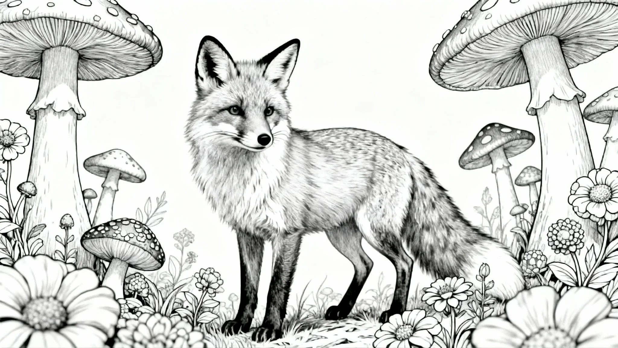 A black and white line art coloring page of a cute fox in a magical forest, with large mushrooms and detailed flowers, on a clean white background.