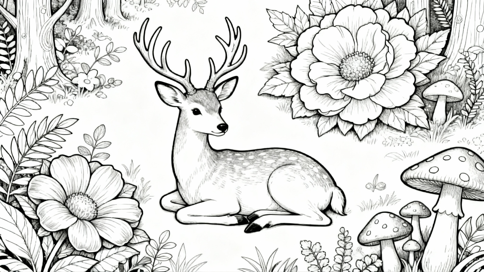 A black and white coloring book page featuring intricate line art of a deer in a magical forest, with no colors filled in.