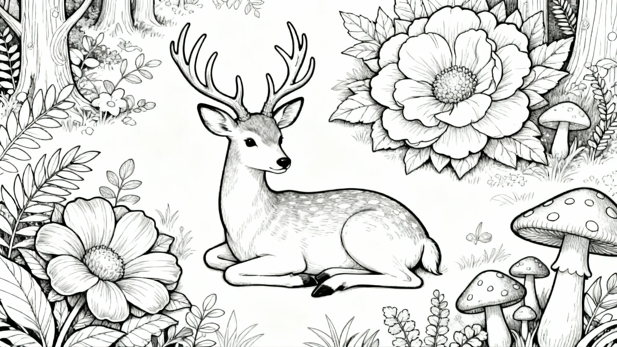A black and white coloring book page featuring intricate line art of a deer in a magical forest, with no colors filled in.
