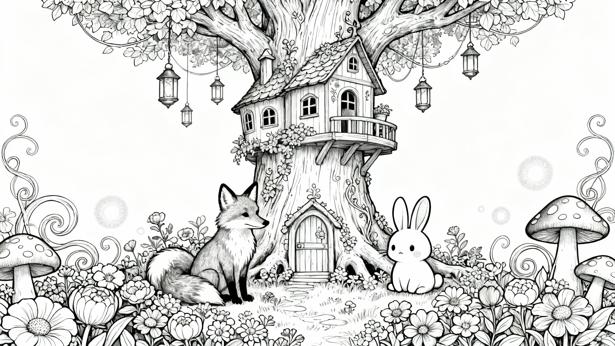 An intricate black and white line art coloring page of a magical forest scene with a treehouse, a fox, and a rabbit, on a white background.