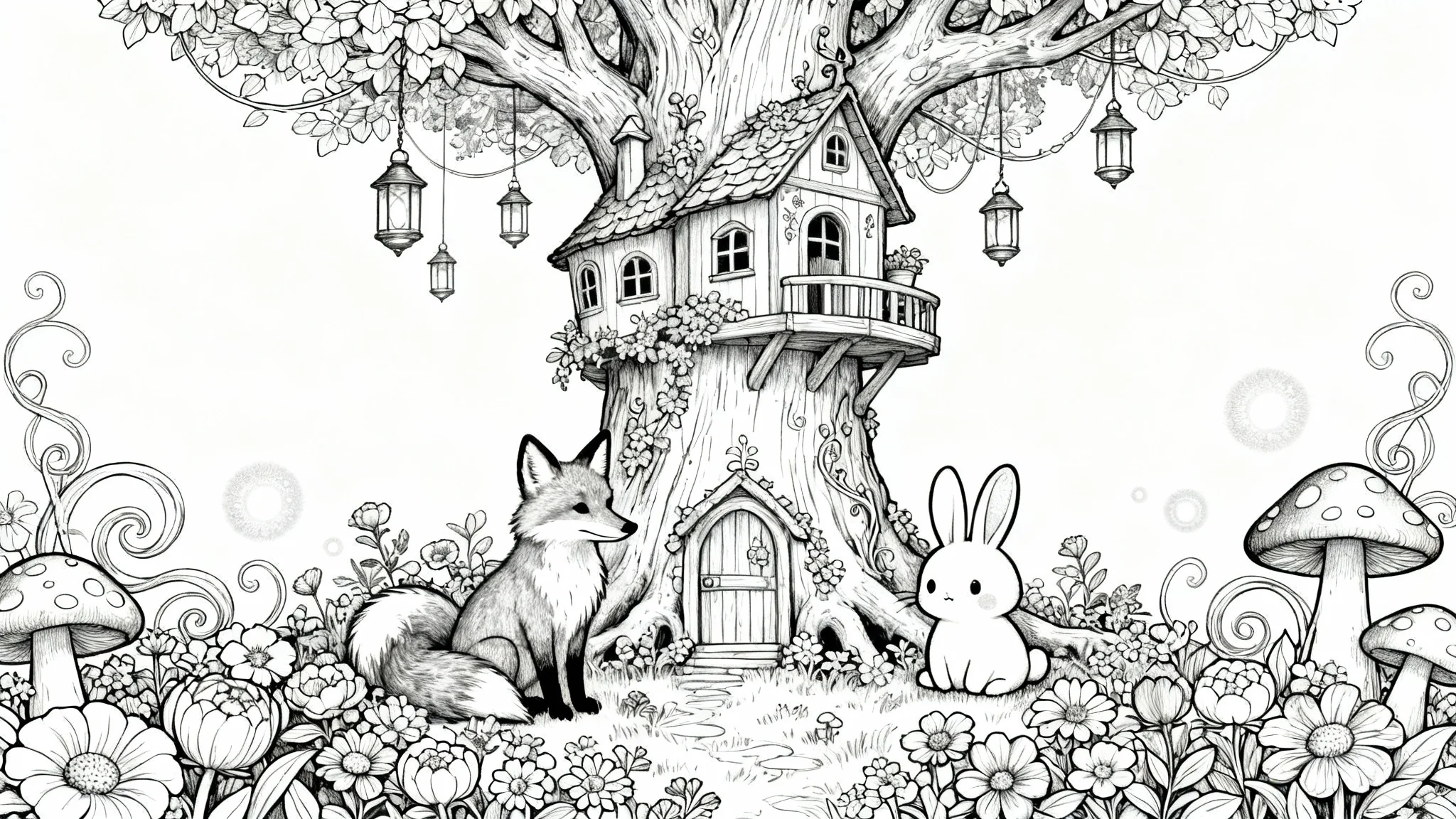 An intricate black and white line art coloring page of a magical forest scene with a treehouse, a fox, and a rabbit, on a white background.