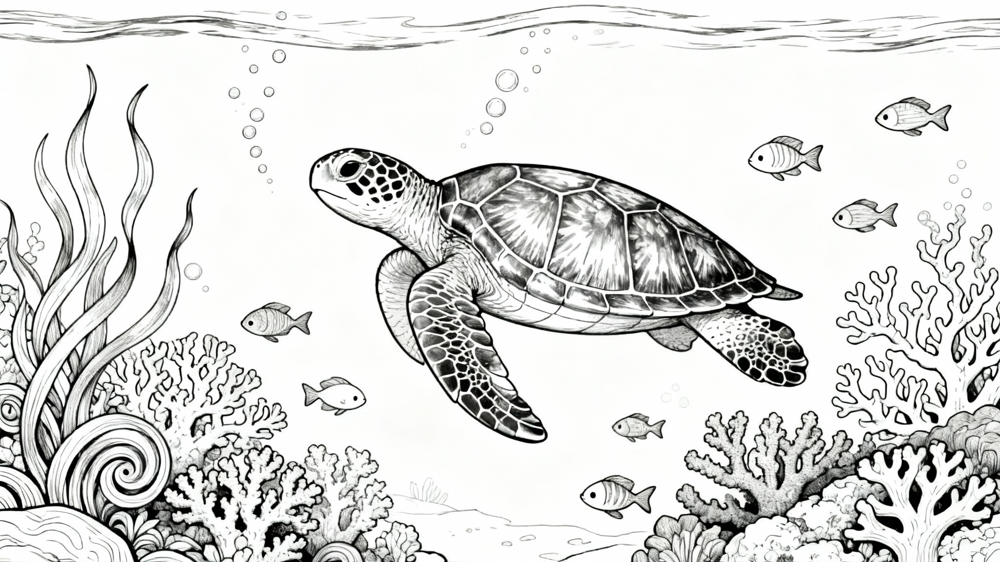 A black and white line art coloring book page showing a detailed sea turtle swimming amidst coral, seaweed, and small fish, ready to be colored in.