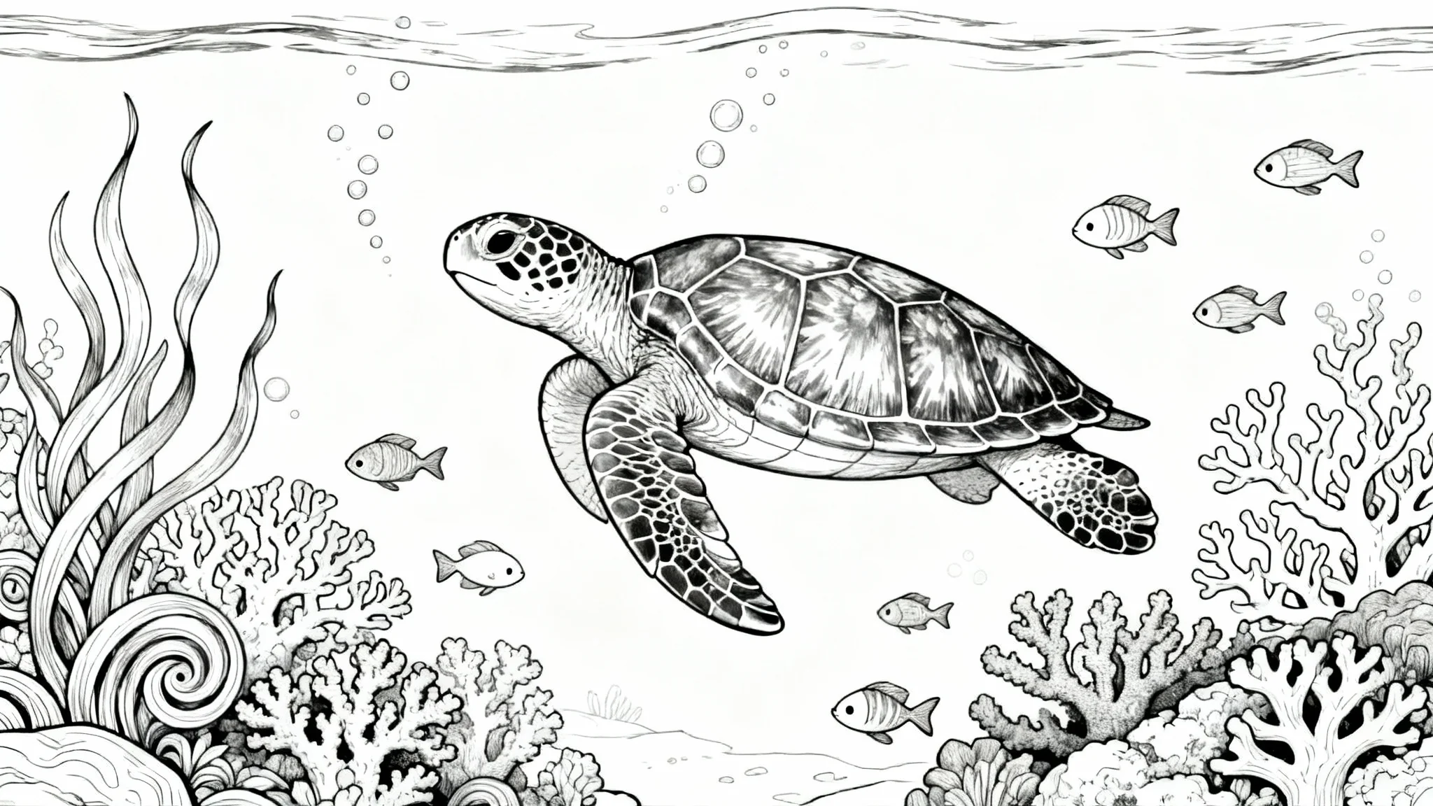 A black and white line art coloring book page showing a detailed sea turtle swimming amidst coral, seaweed, and small fish, ready to be colored in.