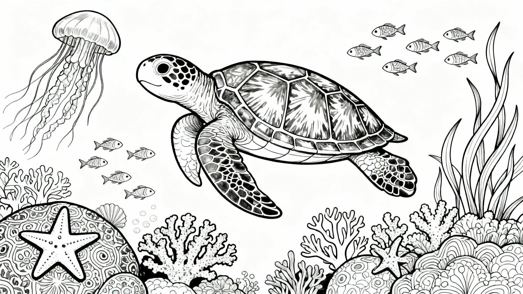 A black and white line art coloring book page of a friendly sea turtle swimming amidst intricate coral, jellyfish, and small fish, ready to be colored.