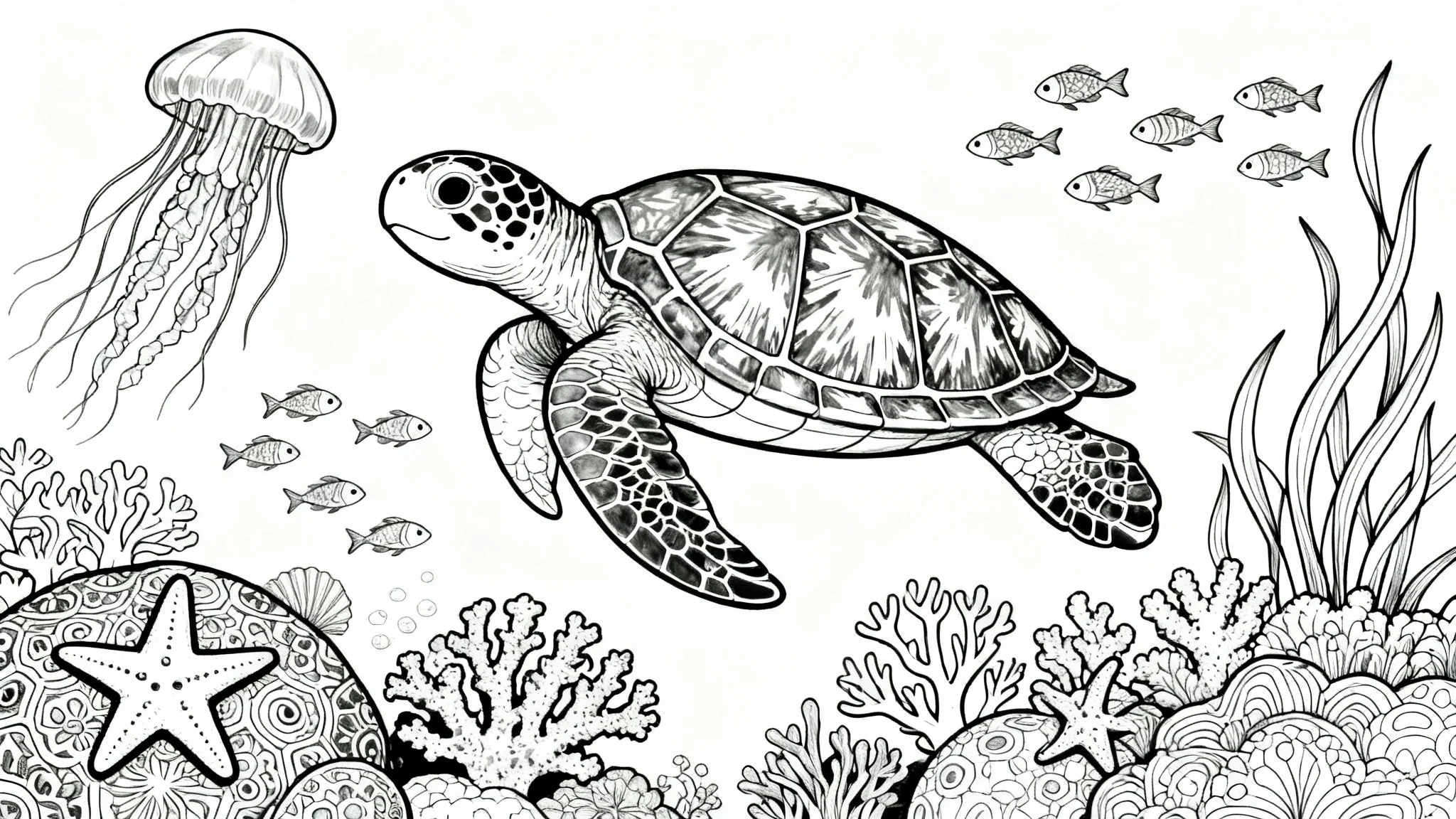 A black and white line art coloring book page of a friendly sea turtle swimming amidst intricate coral, jellyfish, and small fish, ready to be colored.