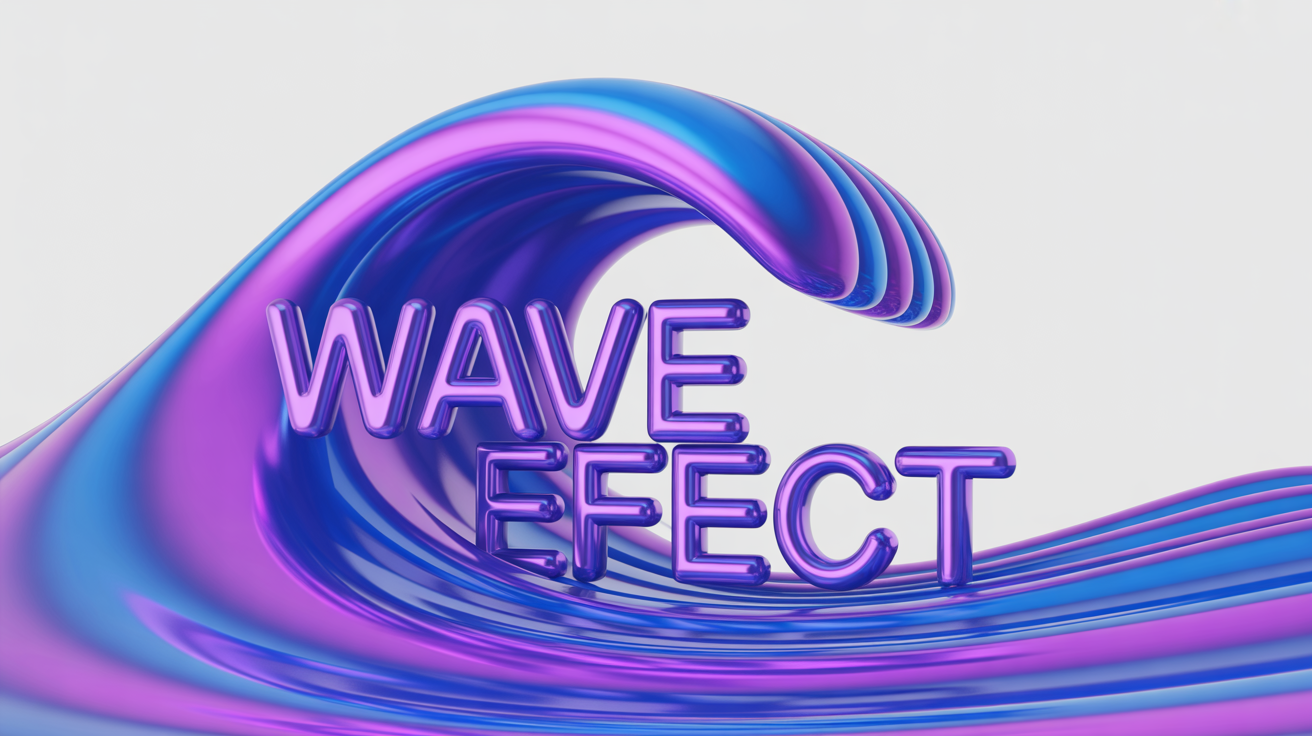 A 3D rendering of the words 'WAVE EFFECT' arranged in a flowing, wavy line. The text has a glossy finish with a blue and purple gradient, set against a clean white background.