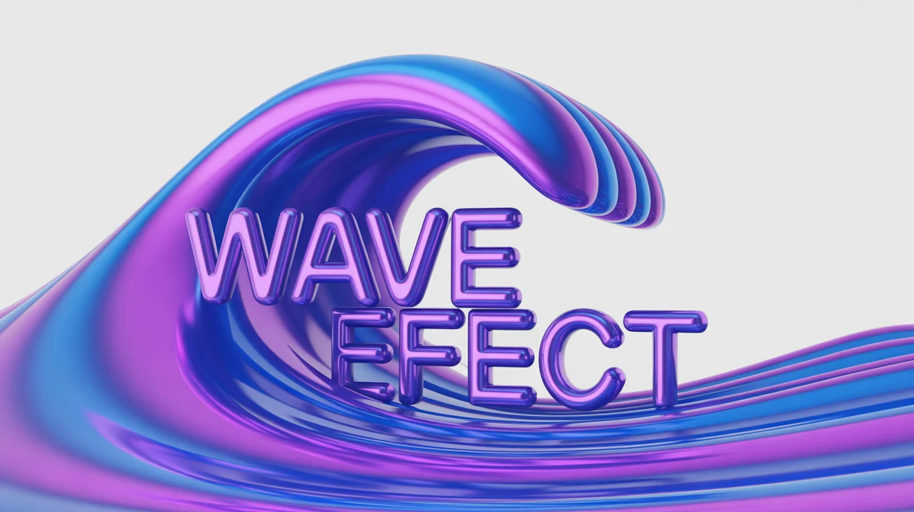 A 3D rendering of the words 'WAVE EFFECT' arranged in a flowing, wavy line. The text has a glossy finish with a blue and purple gradient, set against a clean white background.