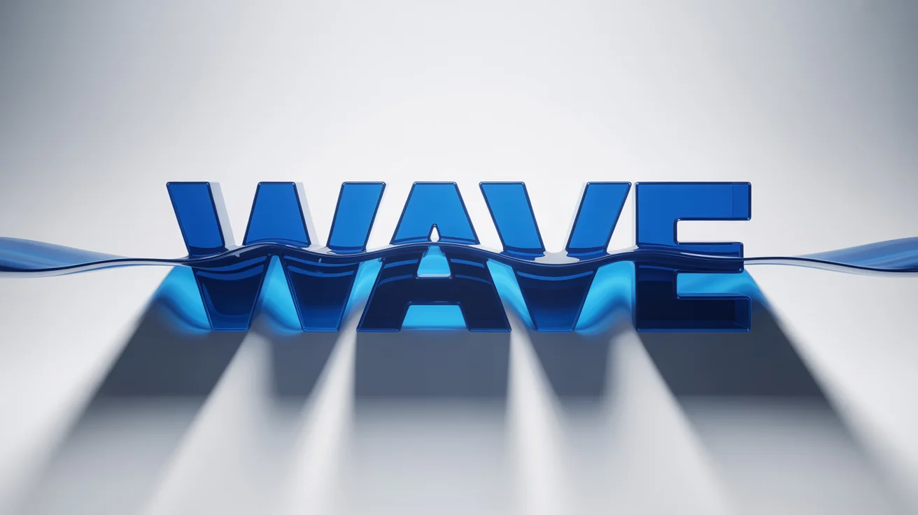 A photorealistic mockup of the word 'WAVE' in a bold blue font, distorted with a smooth horizontal wave effect, set against a plain white background.