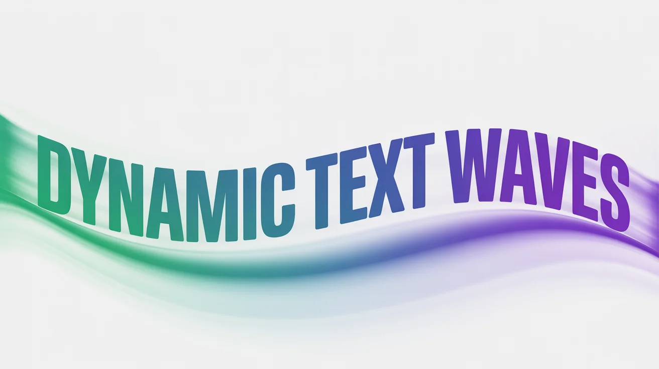 A typography mockup demonstrating a text wave effect, with the words 'DYNAMIC TEXT WAVES' flowing in a smooth wave shape. The text has a teal-to-violet gradient and is set against a clean white background.