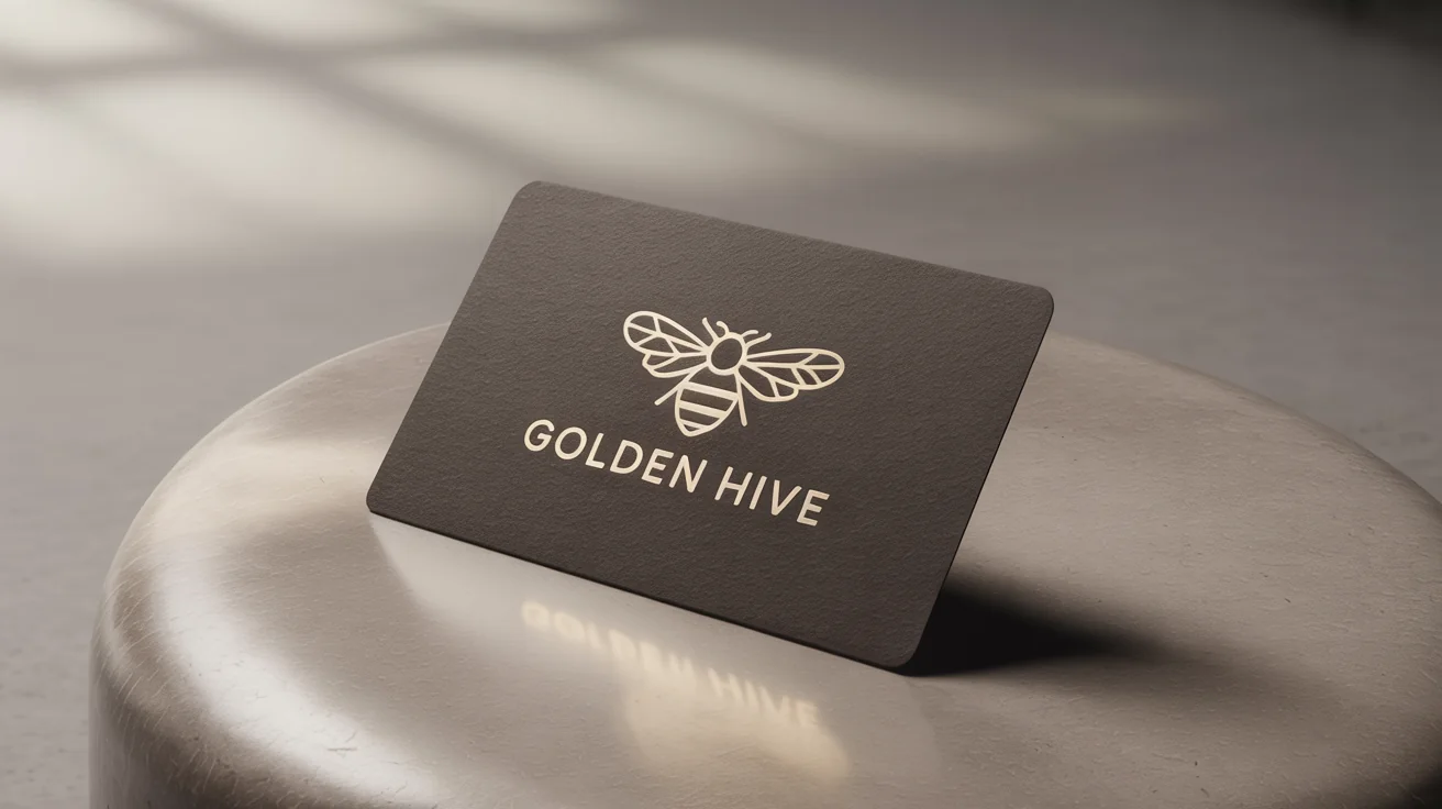 A close-up photograph of a professional business card featuring a modern, geometric bee logo in gold and charcoal for a company named "Golden Hive".