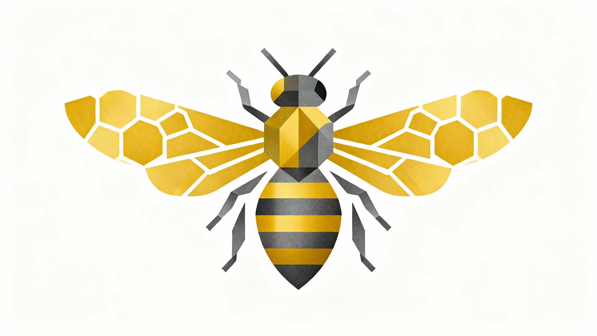 A modern, geometric bee logo in golden yellow and charcoal gray, presented on a clean white background.