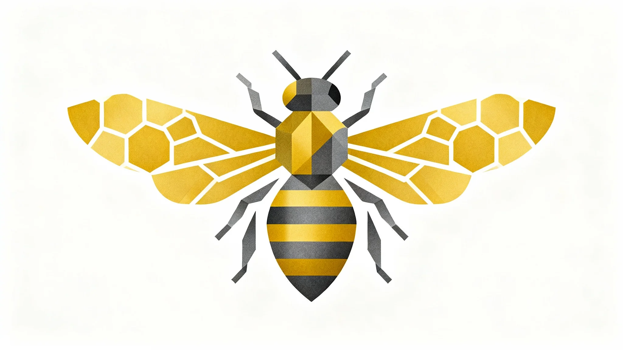 A modern, geometric bee logo in golden yellow and charcoal gray, presented on a clean white background.