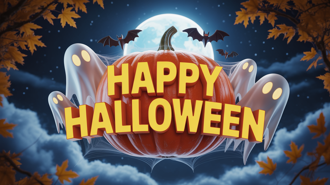 A design showcasing a Halloween text effect. The words 'Happy Halloween' appear as if carved from a glowing pumpkin, set against a spooky night sky with a full moon, bats, and ghosts.