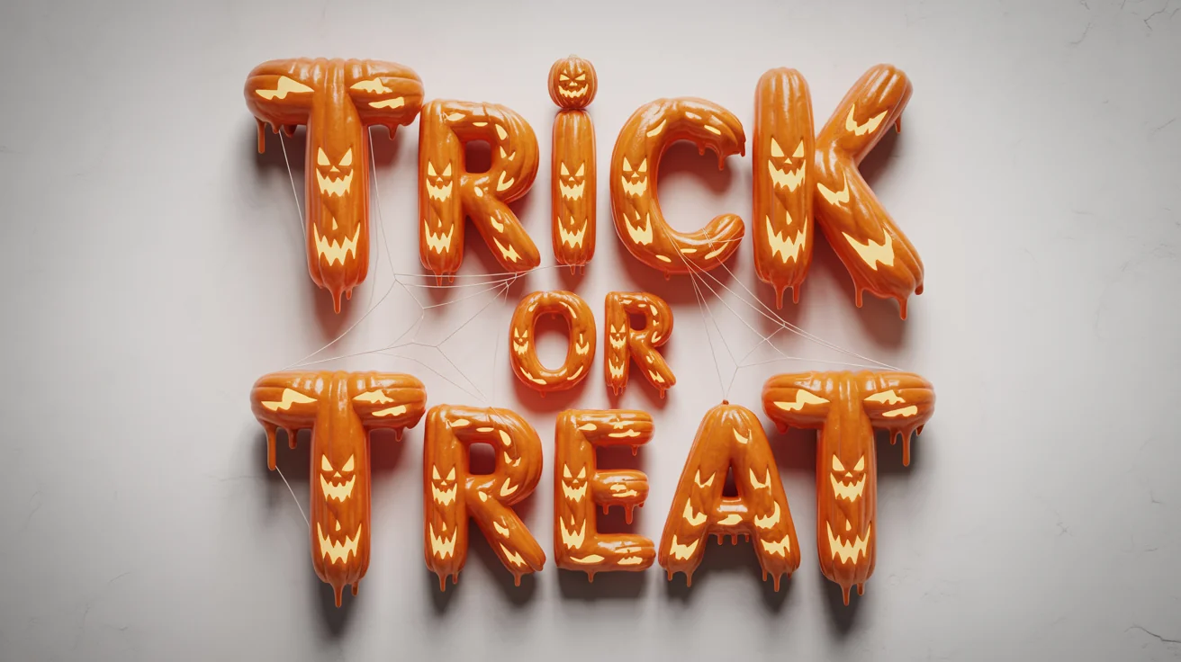 A 3D Halloween text effect showing the words 'TRICK OR TREAT' styled to look like melting, glowing pumpkin, set against a clean white background.