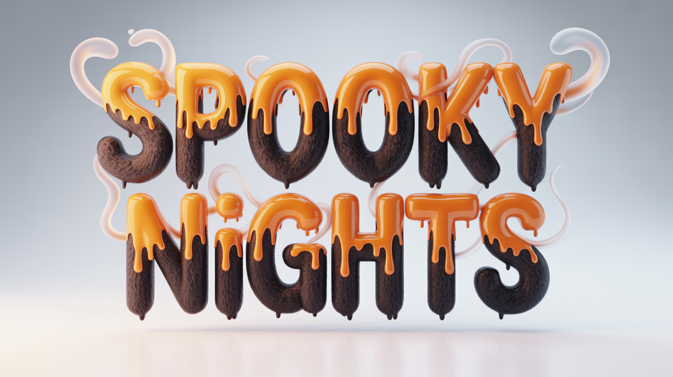 A 3D rendering of the words 'SPOOKY NIGHTS' in a Halloween text effect, featuring letters made of dripping orange slime and dark monster fur, set against a plain white background.