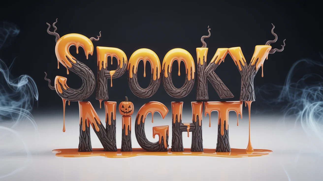 The words 'SPOOKY NIGHT' displayed in a 3D Halloween text effect, featuring dripping orange slime and dark, gnarled wood, on a white background.
